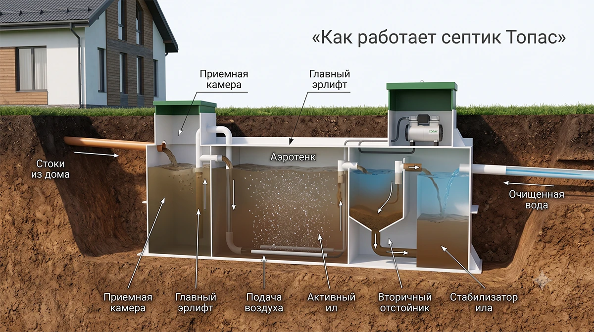 Как работает септик Топас в Москве и Московской области: устройство, схема очистки и запуск
